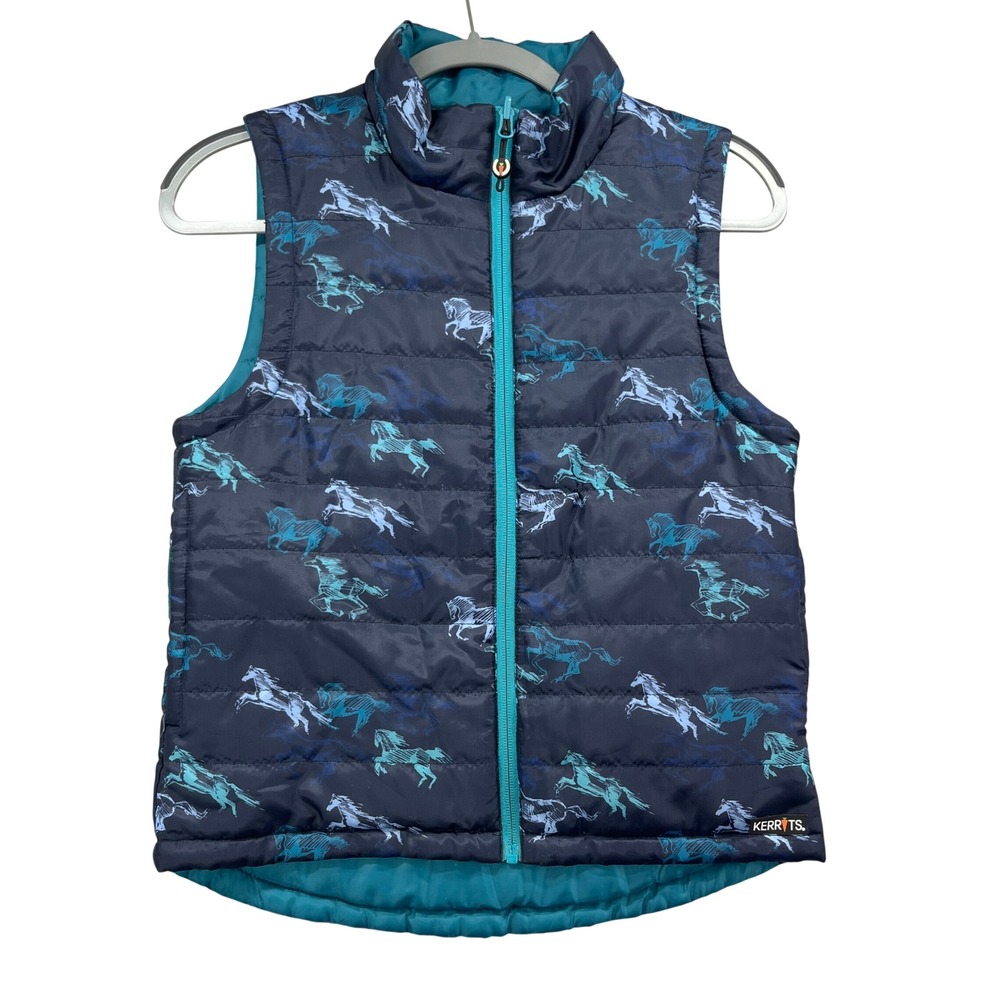 Kerrits Reversible Puffer Vest Kids L Teal Navy‎ Quilted Lightweight Sleeveless